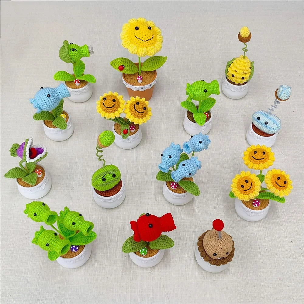 Knitted Sunflower and Pea Shooter – Plush Desk Decor for Home Office Gifts