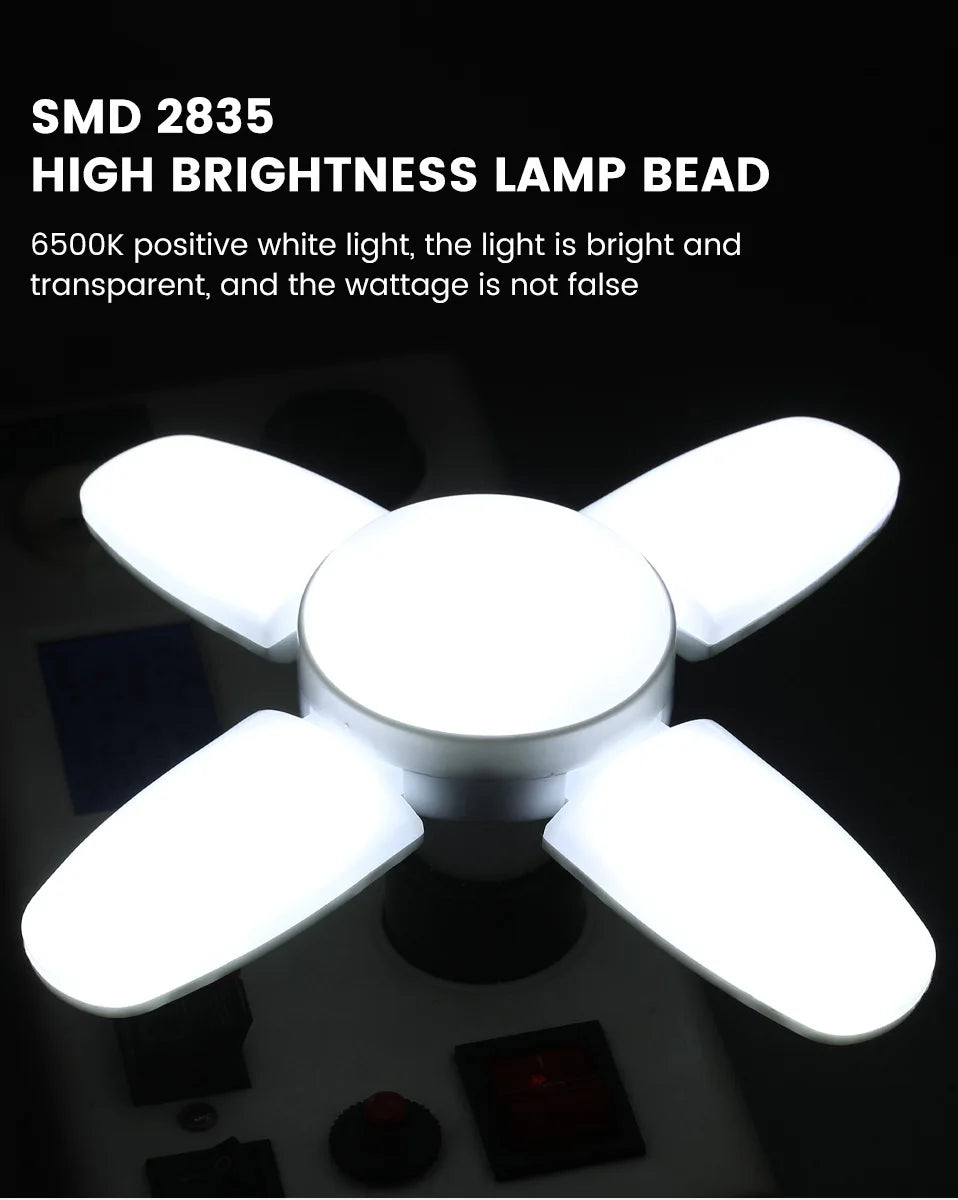 Foldable LED Fan Bulb – Adjustable 28W Ceiling Light for Garage and Warehouse