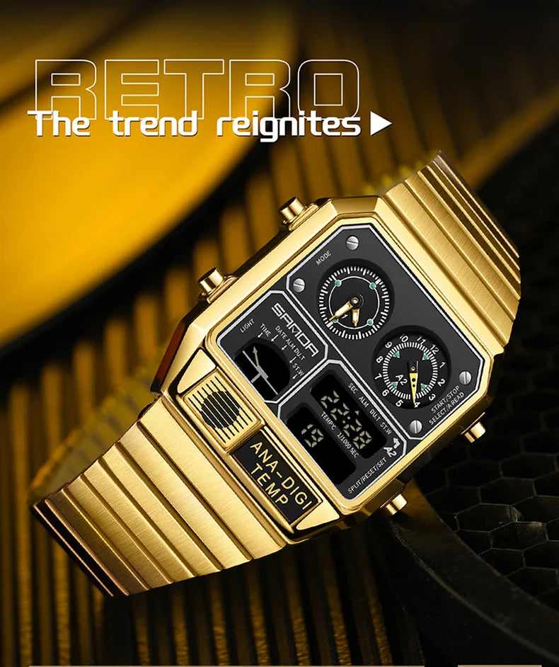 Square Stainless Steel Digital Watch – Temperature Gauge for Men's Sports