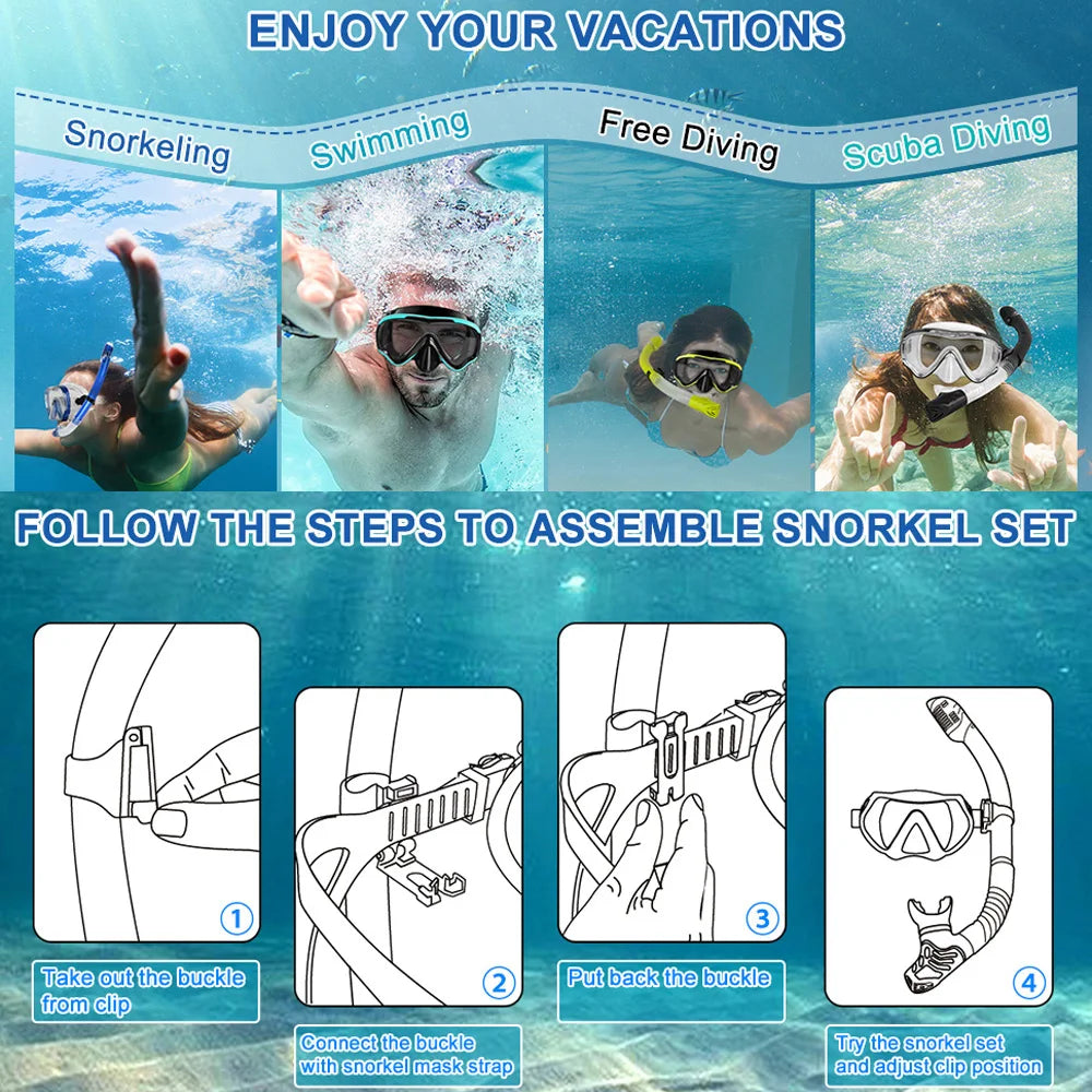 Tempered Glass Scuba Mask Set – Panoramic Snorkeling Gear for Adults