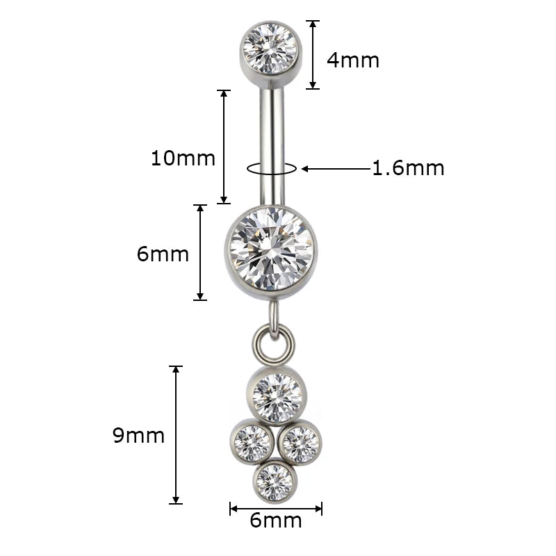 Silver belly button ring with clear crystal gems and measurement labels in millimeters