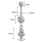 Silver belly button ring with clear crystal gems and measurement labels in millimeters