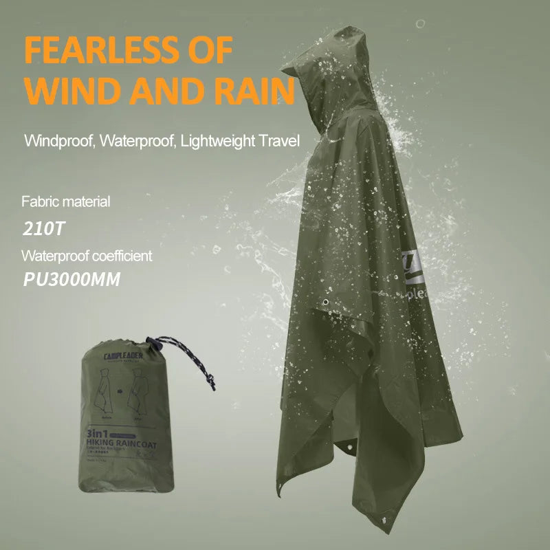 3-in-1 Waterproof Rain Poncho – Hooded Rainwear for Camping and Hiking