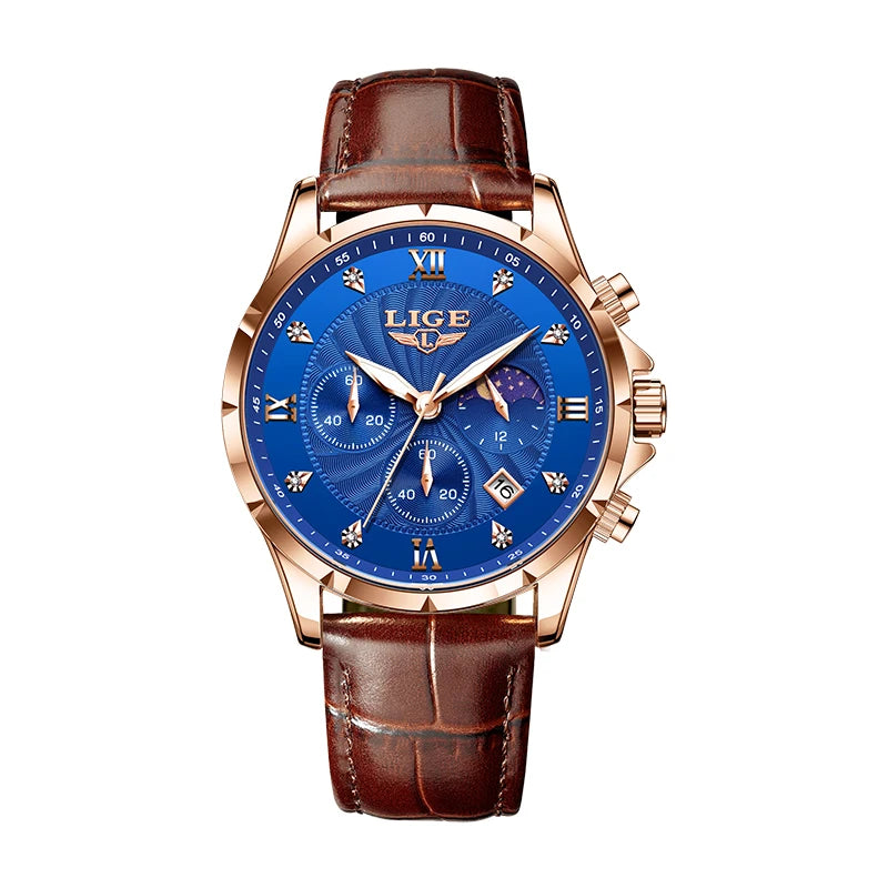 LIGE Leather Chronograph Watch – Luxury Waterproof Men's Business Accessory