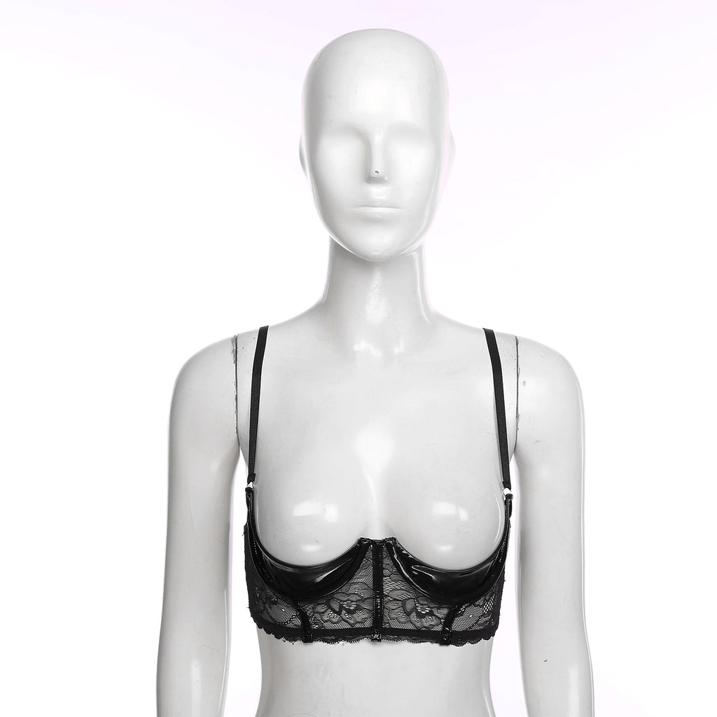 Wetlook Leather Push Up Bralette – Underwire Lace Lingerie for Sexy Cosplay