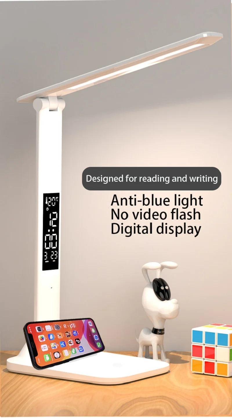 LED Desk Lamp – Rechargeable Touch Light with Alarm and Thermometer for Study