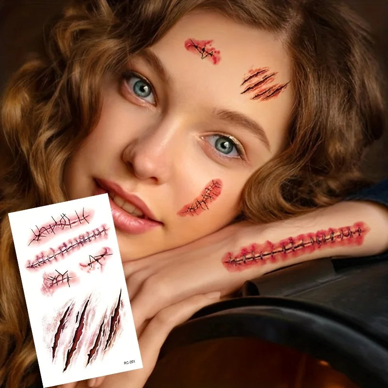 Realistic Fake Scar Tattoos – Bloody Wound Decals for Halloween Makeup