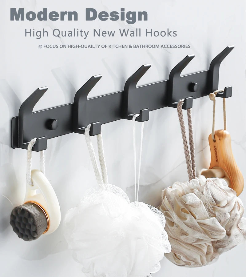 Modern Aluminum Wall Hooks – Black Towel Hanger for Bathroom and Coat Storage