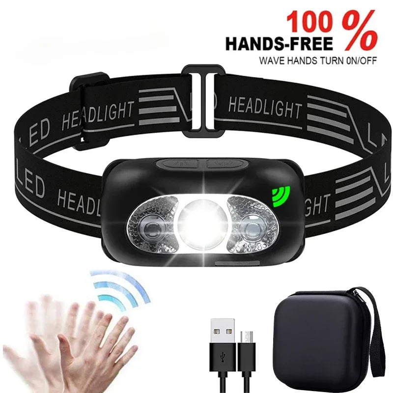 USB Rechargeable LED Headlamp – Motion Sensor Flashlight for Outdoor Camping