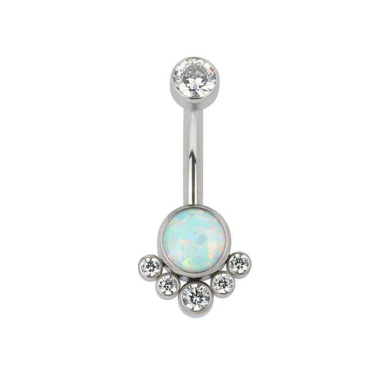 Opal and crystal belly button ring with silver barbell, gemstone body jewelry