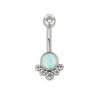 Opal and crystal belly button ring with silver barbell, gemstone body jewelry