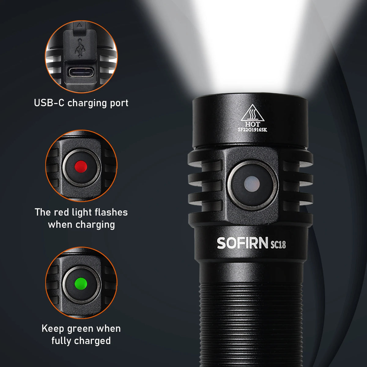 Rechargeable LED Flashlight – 1800lm USB-C Torch for Outdoor Camping Hiking