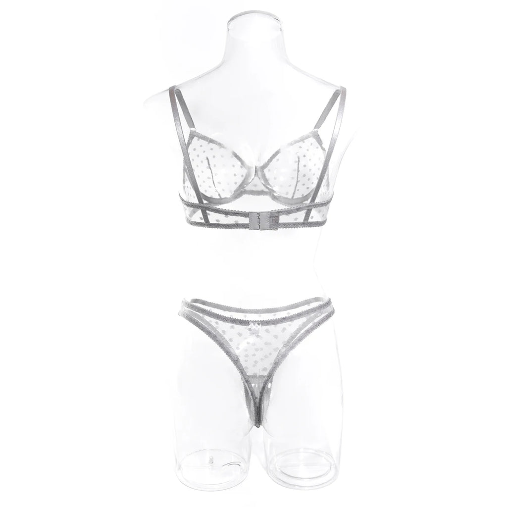 Polka Dot Mesh Lingerie Set – Sheer Underwire Bra and G-String for Women