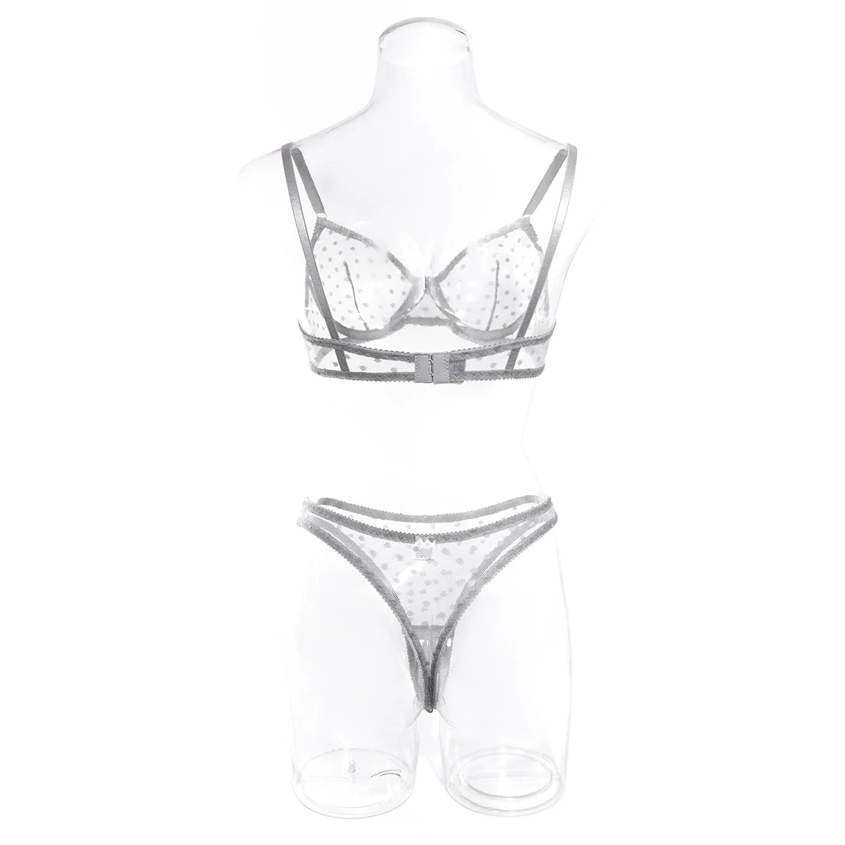 Polka Dot Mesh Lingerie Set – Sheer Underwire Bra and G-String for Women