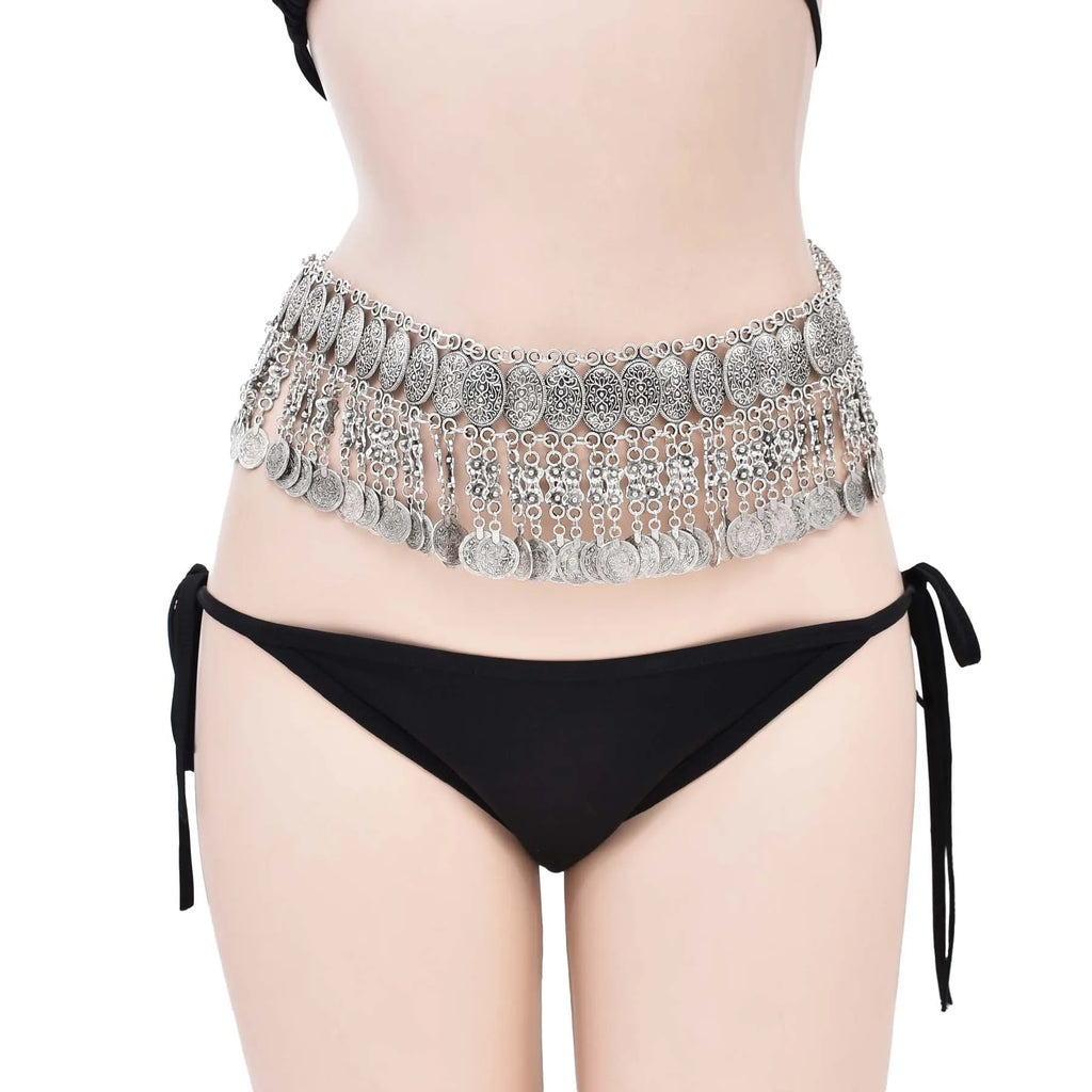 Woman wearing black bikini with silver coin fringe belly chain belt, boho festival accessory