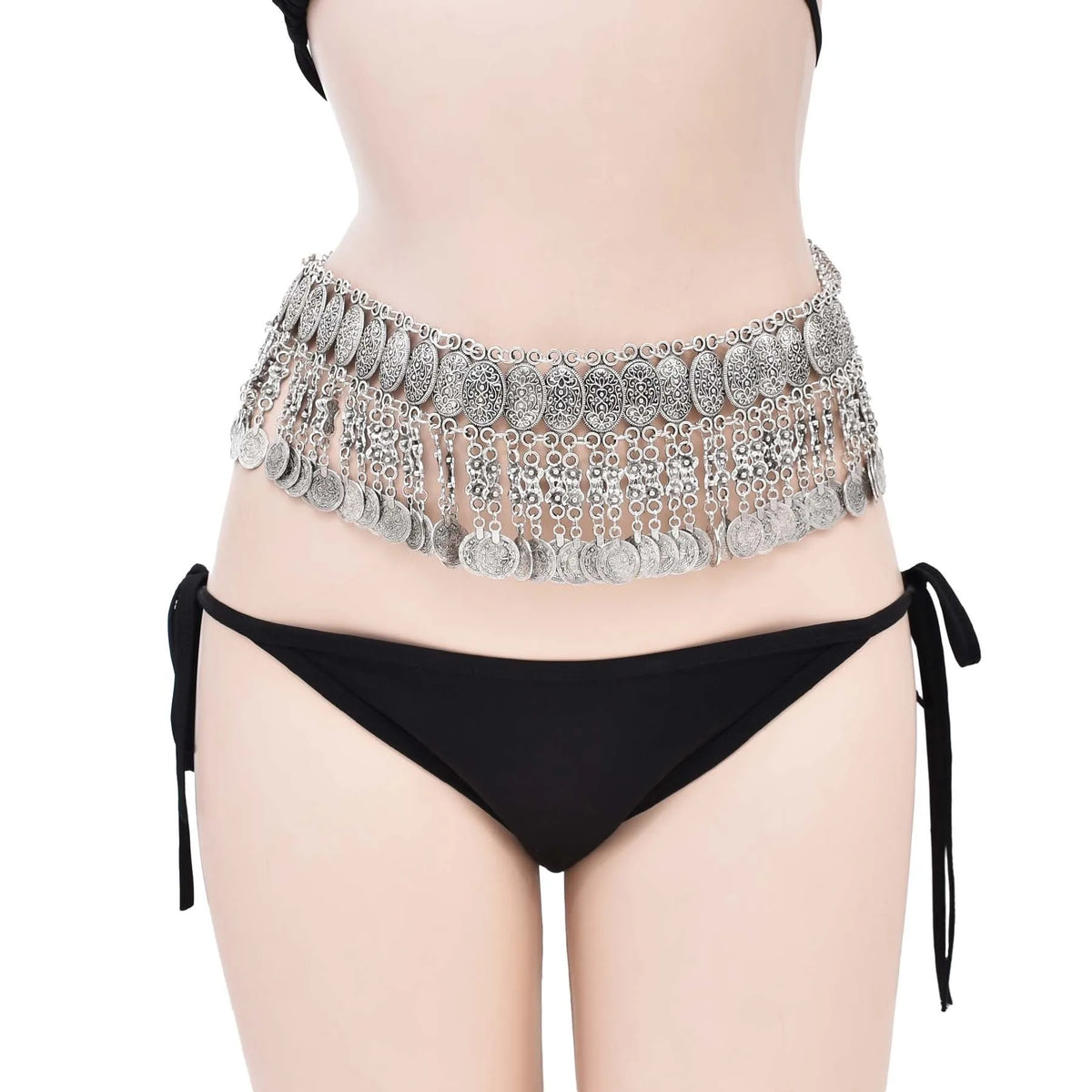Woman wearing black bikini with silver coin fringe belly chain belt, boho festival accessory