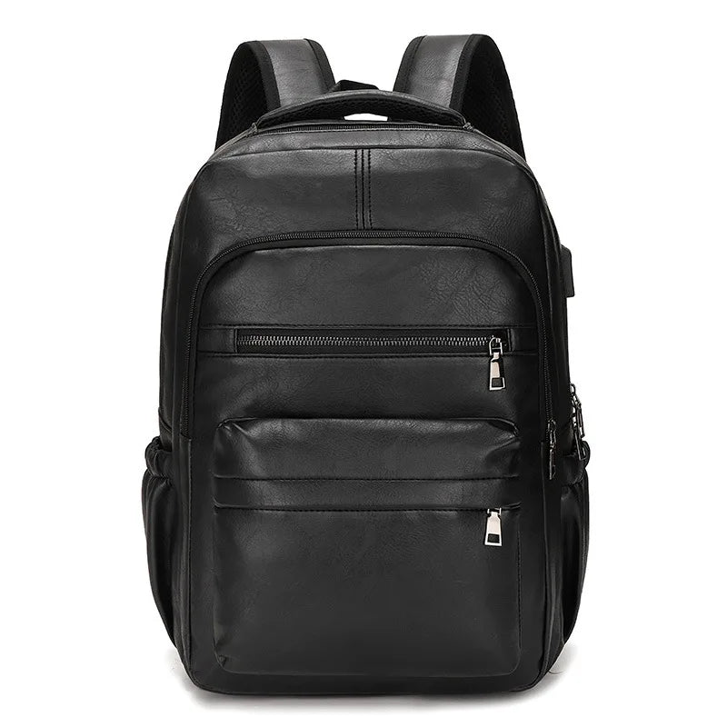 PU Leather USB Charging Laptop Backpack – Large Travel Bag for Men and Students