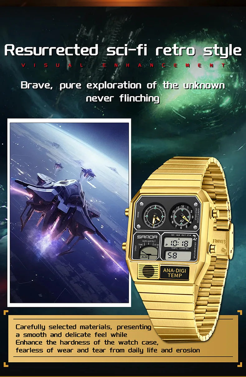 Square Stainless Steel Digital Watch – Temperature Gauge for Men's Sports