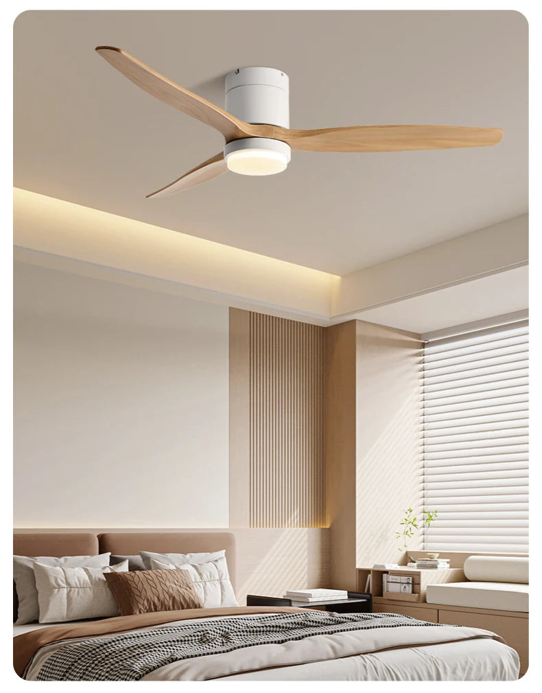 Solid Wood Ceiling Fan – 42/52 Inch LED Light for Living Room Dining