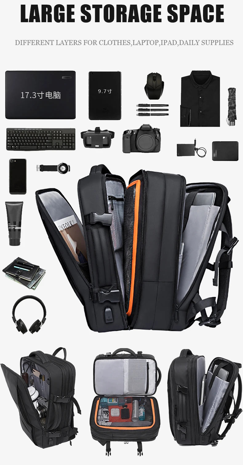 Expandable 17.3-inch Laptop Backpack – Waterproof Travel Bag for Men