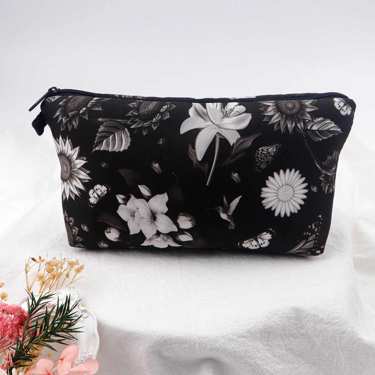 Floral Zipper Makeup Bag – Portable Travel Cosmetic Organizer for Women