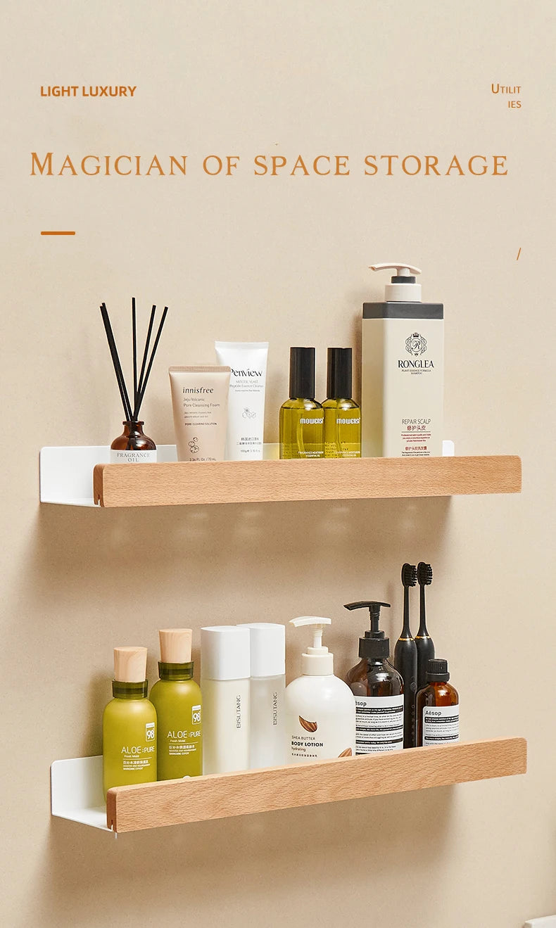 Corner Bathroom Shelf – Solid Wood Wall Mounted Organizer for Shower Storage