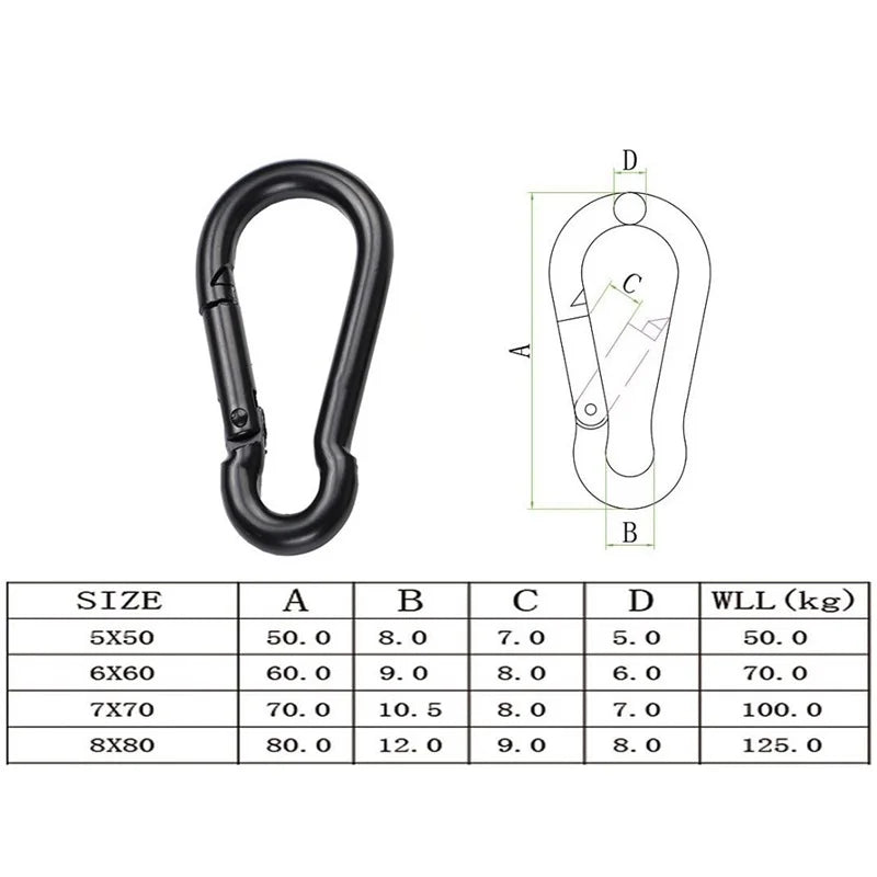 Iron Carabiner Snap Hooks – Heavy Duty Black Hardware for Outdoor Camping