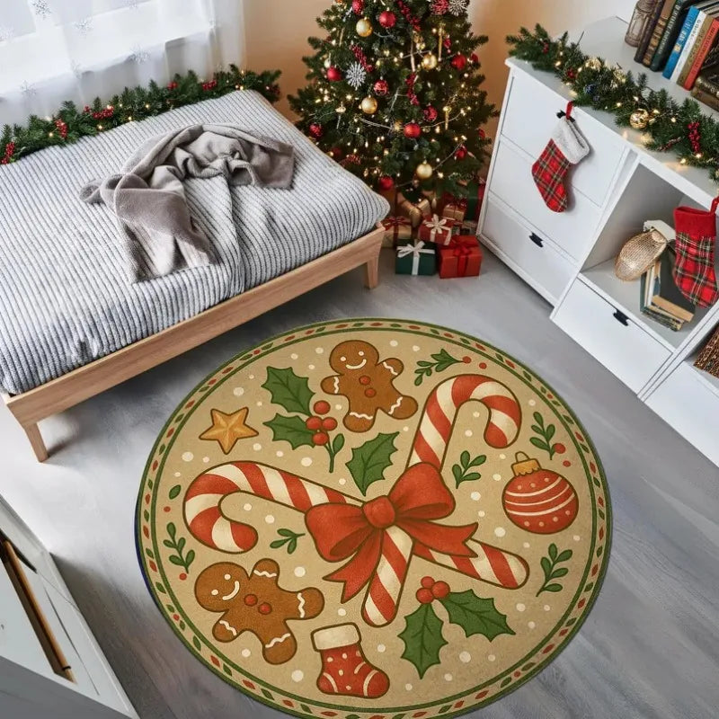 Christmas Round Rug – Gingerbread Holiday Carpet for Festive Home Decor
