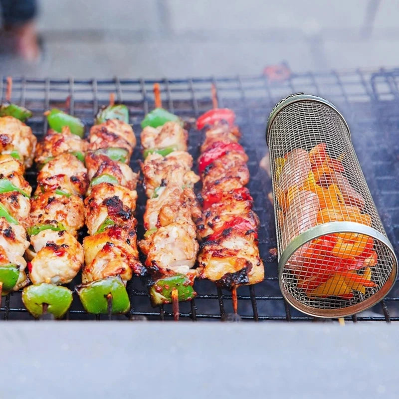 Stainless Steel Rolling Grill Basket – Cylindrical Mesh Rack for BBQ Camping