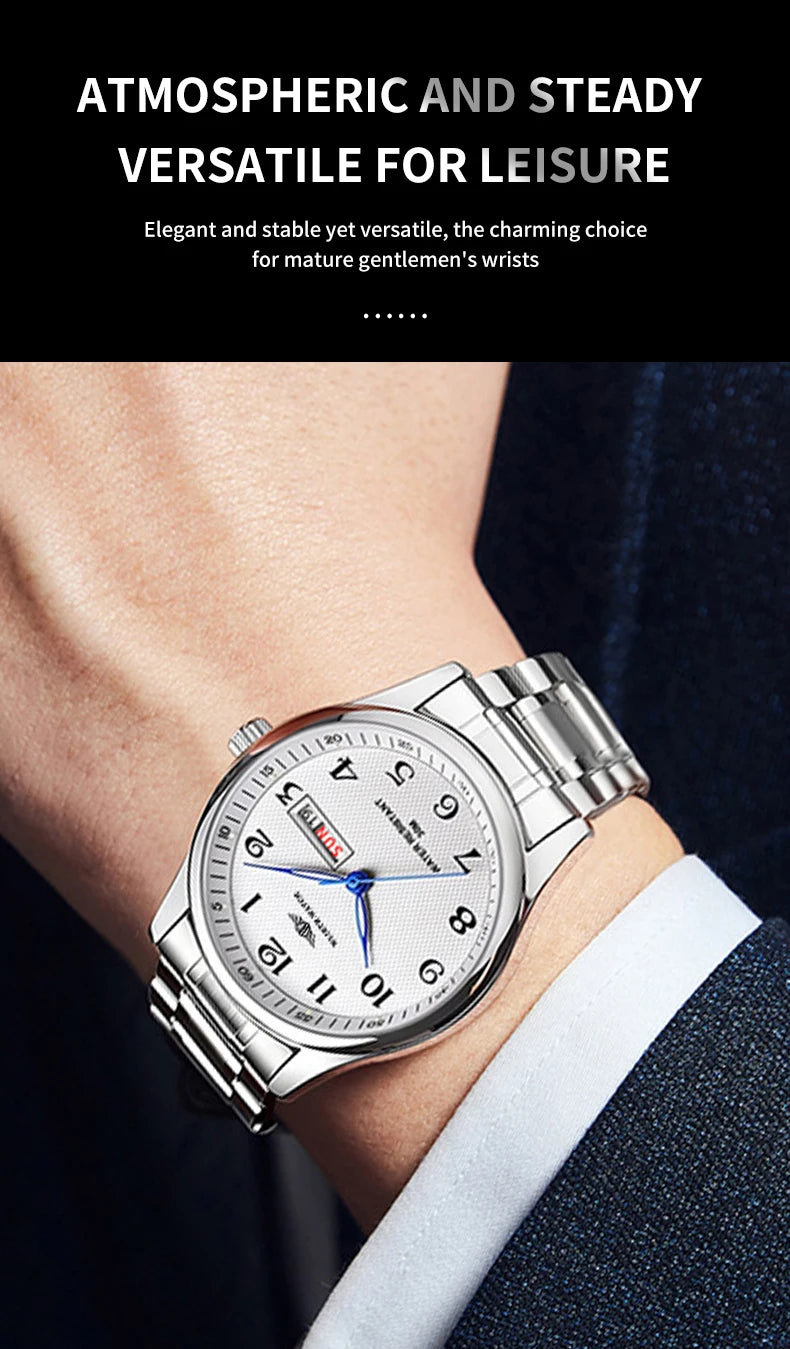 Stainless Steel Quartz Watch – Arabic Numerals Calendar for Men Gifts