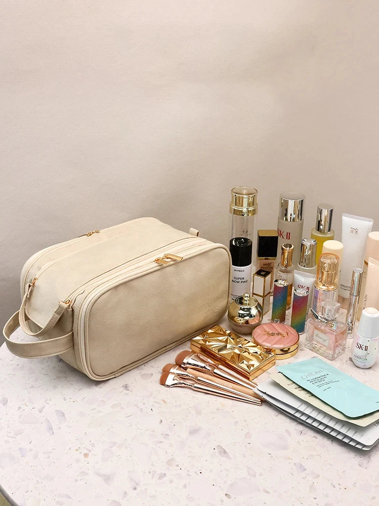 Large PU Leather Makeup Bag – Double Zipper Organizer for Travel Toiletries