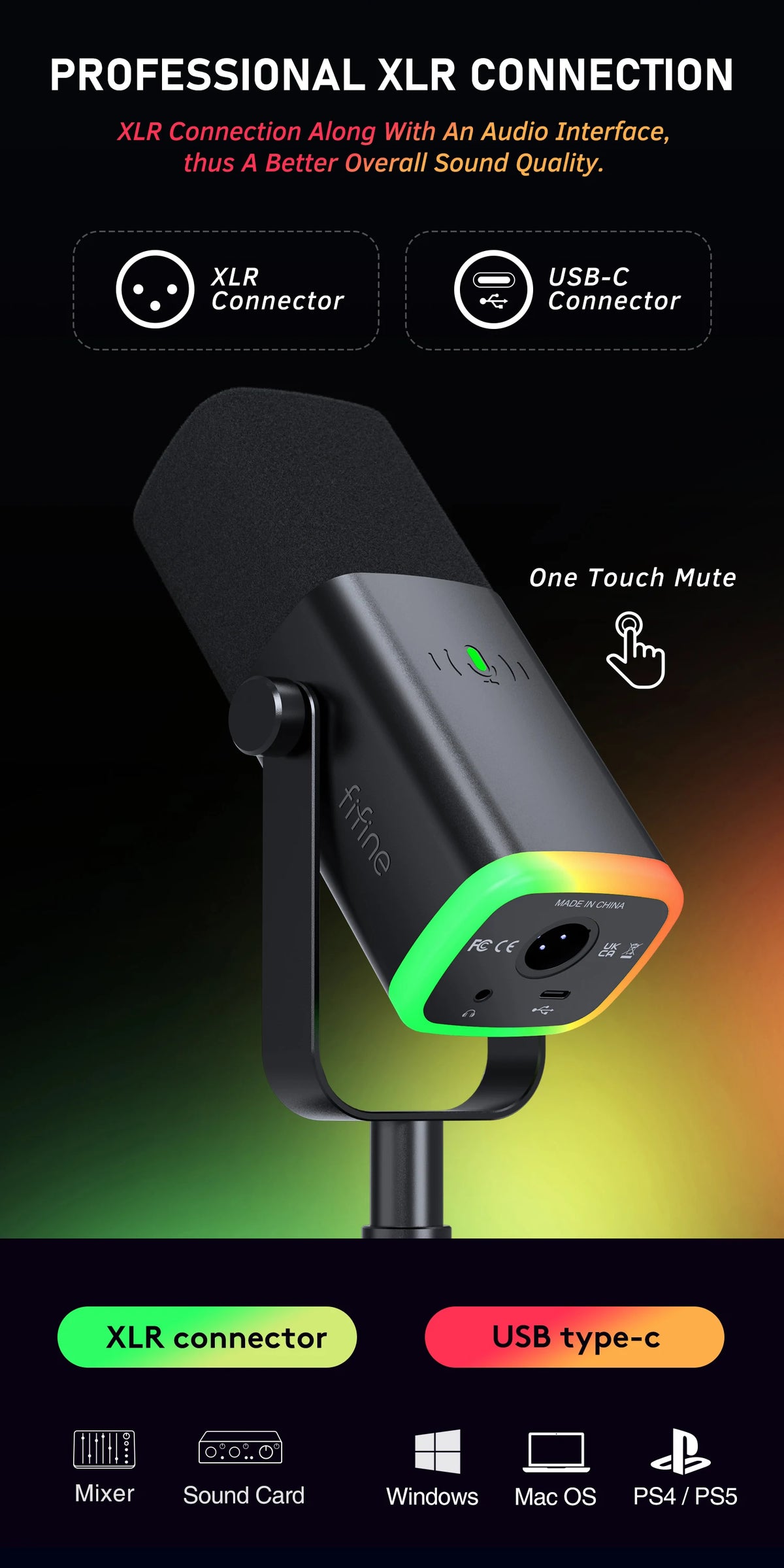 USB XLR Dynamic Microphone – Touch Mute Studio Mic for Gaming and Podcasting