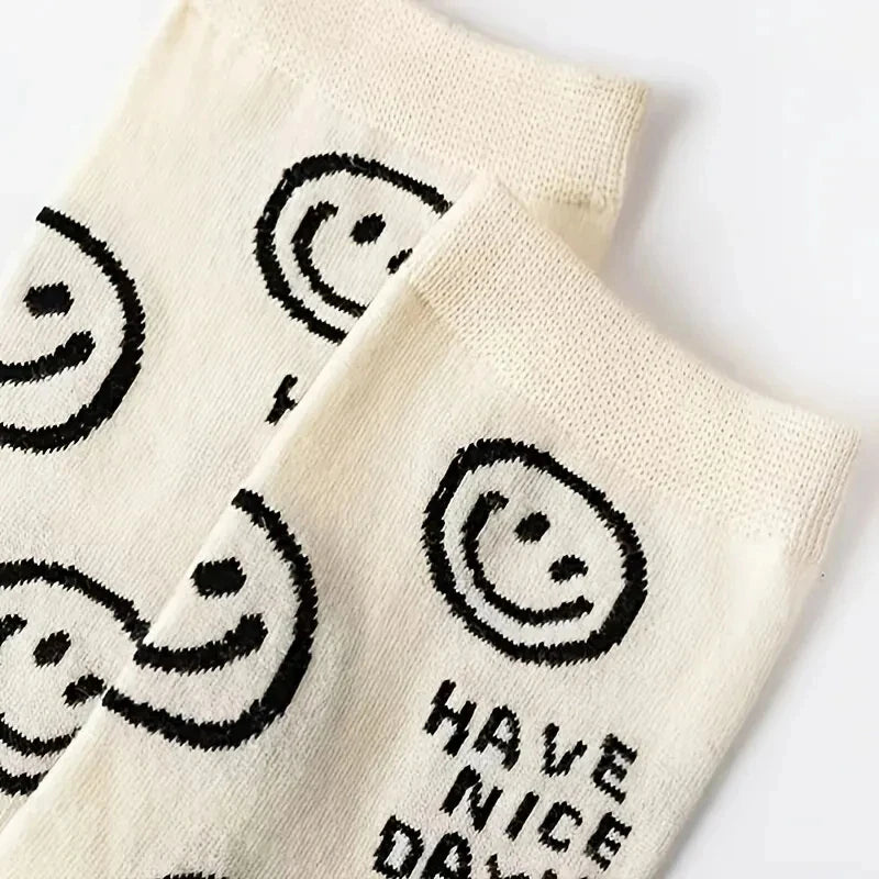 Happy Face Cotton Crew Socks – Cartoon Cat Hosiery for Women