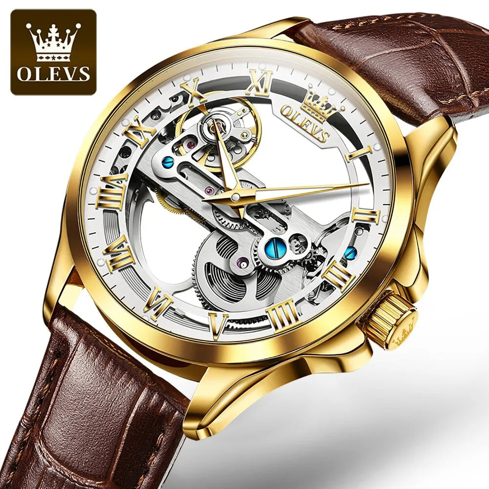 Automatic Skeleton Mechanical Watch – Leather Strap for Luxury Mens Formal Wear