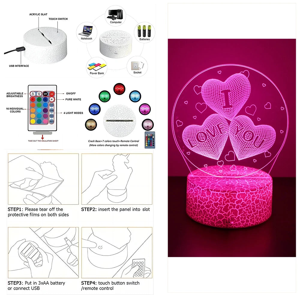 3D Heart LED Night Light – Romantic Illusion Lamp for Valentine's Day Gifts