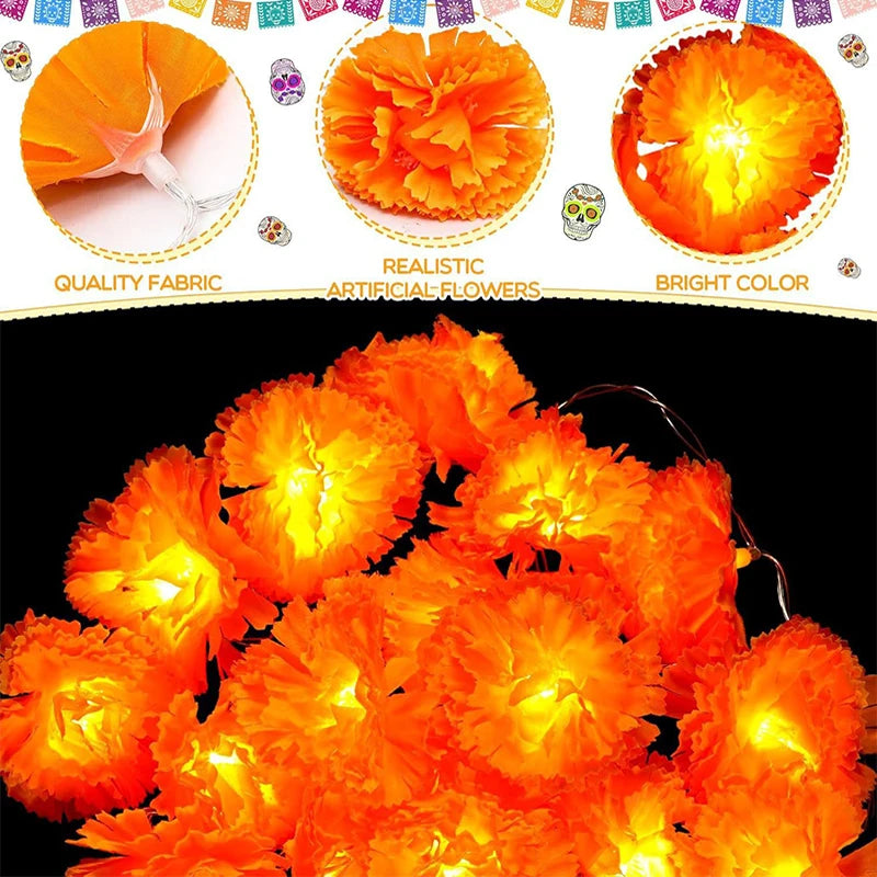Mexican Marigold Garland LED Lights – Artificial Flower Decor for Day of the Dead