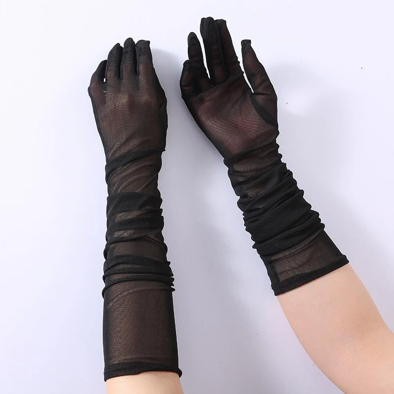 Black Opera Length Gloves – Stretchy Satin Accessories for Evening Formal Wear