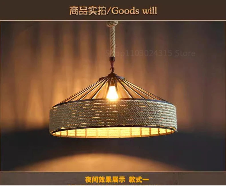 Industrial Hemp Rope Pendant Lamp – Antique Iron Chandelier for Dining Room