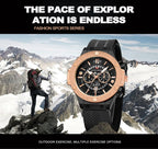 Mens Rose Gold Silicone Sports Watch – 46mm Hollow Dial for Daily Fashion