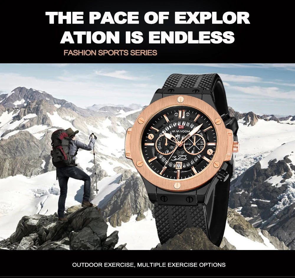 Mens Rose Gold Silicone Sports Watch – 46mm Hollow Dial for Daily Fashion