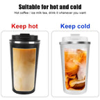 Insulated travel mugs for hot coffee and iced milk tea, black and white, side by side