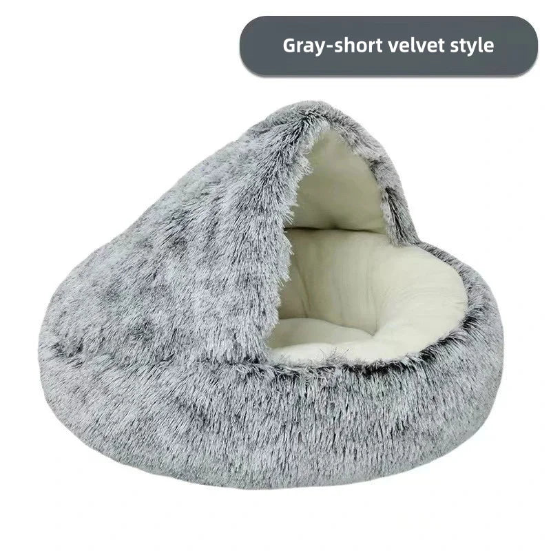 Semi-Enclosed Plush Pet Bed – Warm Winter Shell Nest for Cats and Small Dogs