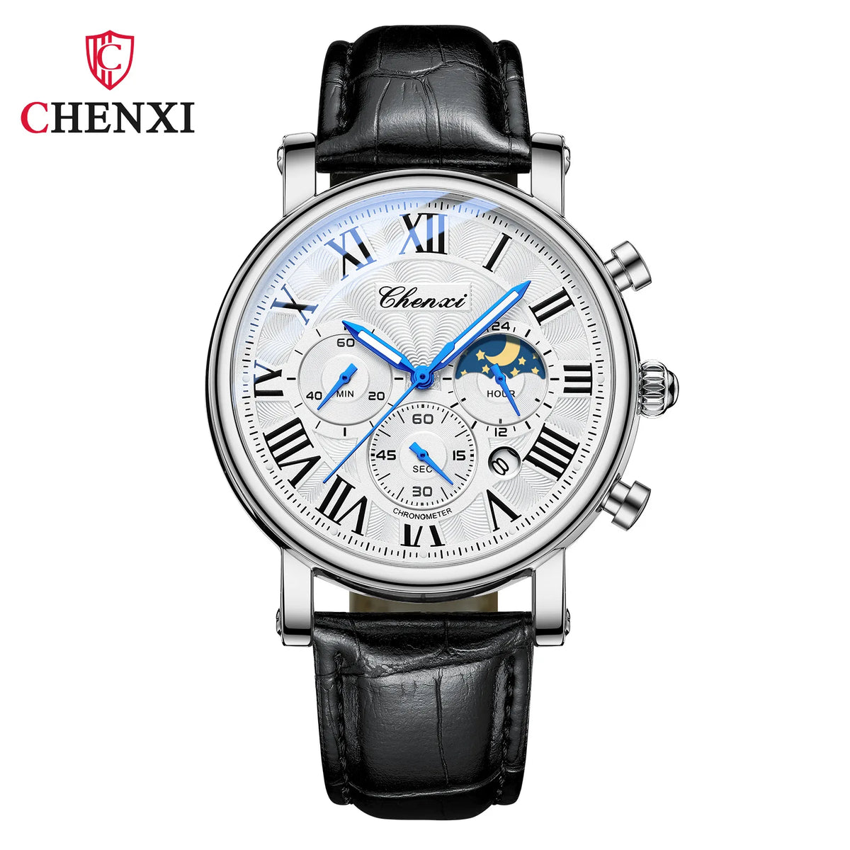 Leather Quartz Chronograph Watch – Men's Moon Phase Business Wristwatch