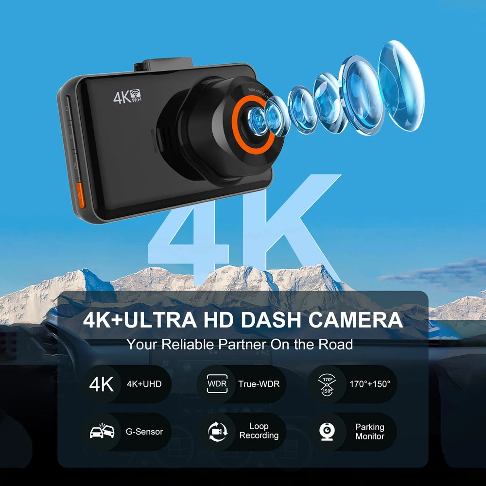 4K Dash Cam – Front and Rear WiFi Video Recorder for Vehicle Parking Safety