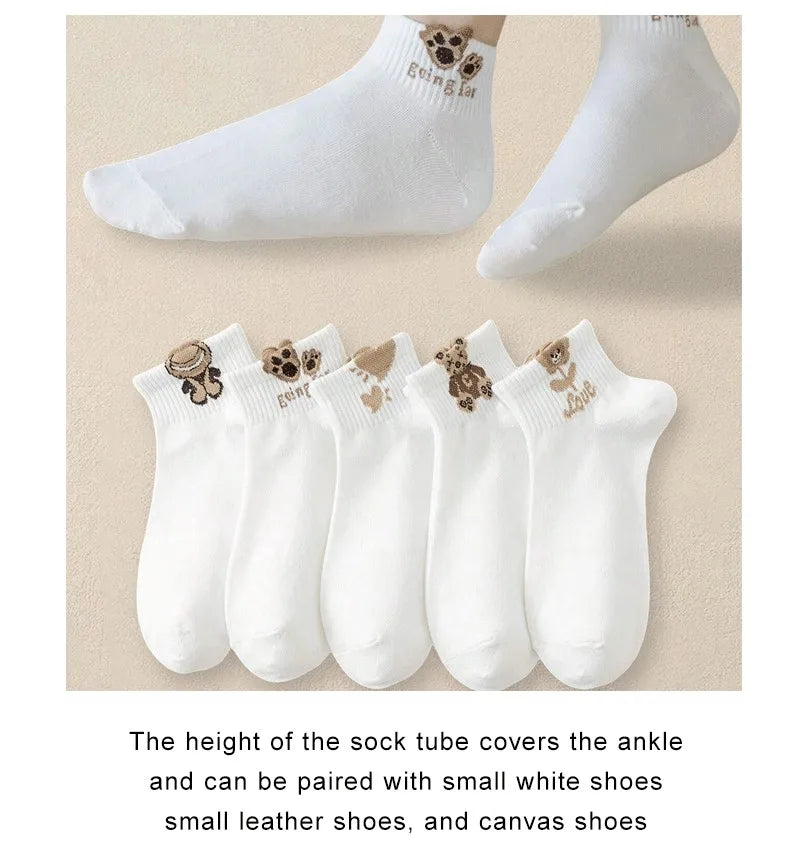 Cartoon Teddy Bear Ankle Socks – Breathable Cotton Casual Footwear for Women