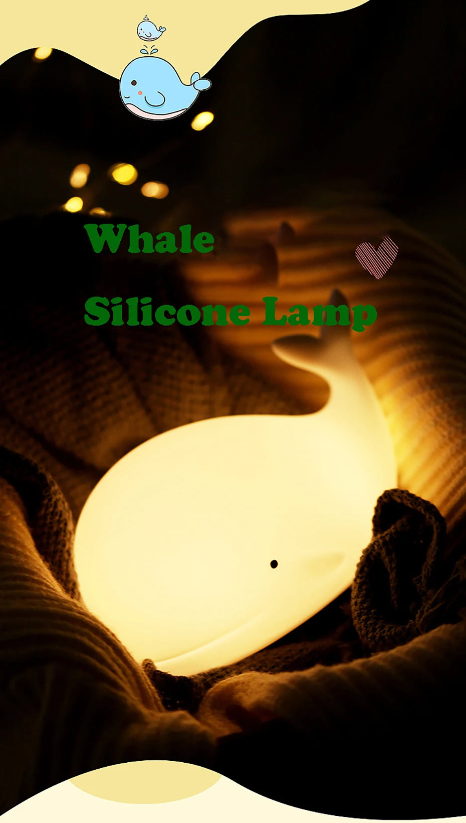 Silicone Whale LED Night Light – Rechargeable RGB Lamp for Kids Bedroom Decor