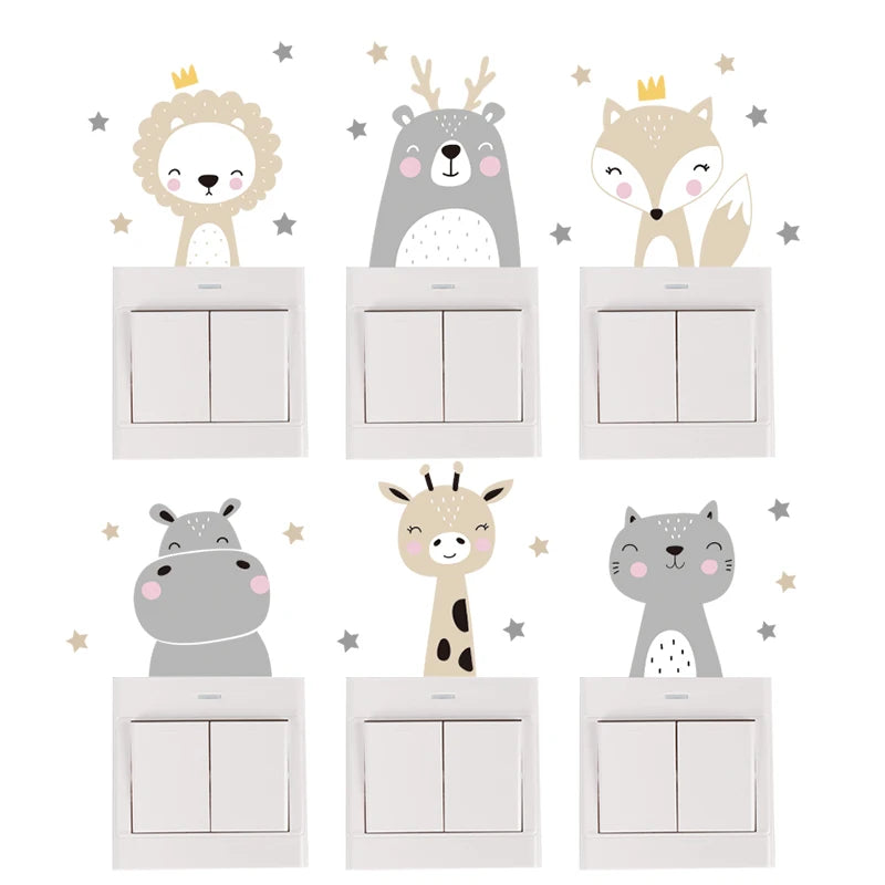 Cartoon Animal Switch Stickers – Cute Boho Wall Decals for Kids Nursery