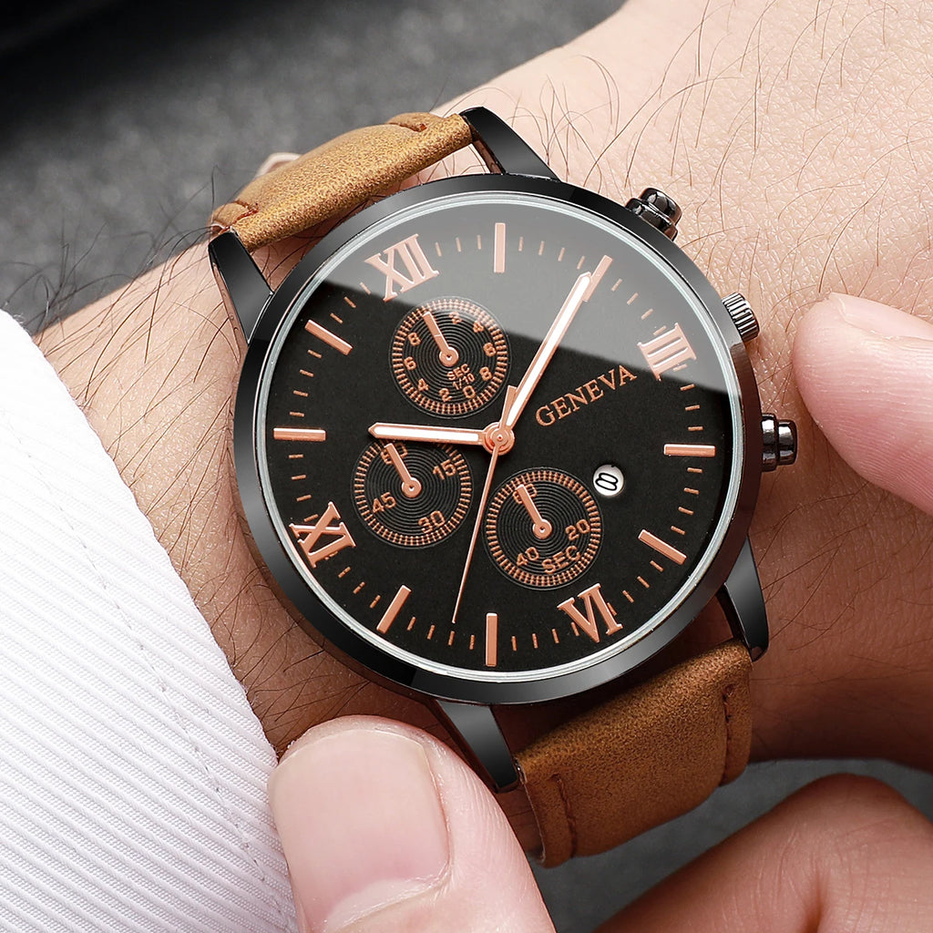 Leather Quartz Calendar Watch – Elegant Fashion Accessory for Men and Women