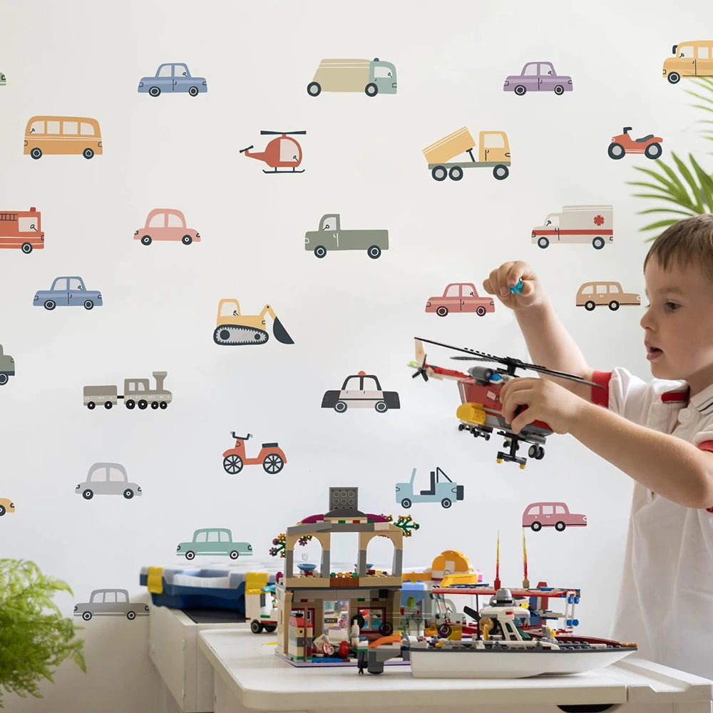 Cartoon Vehicle Wall Decals – Cute Transport Stickers for Kids Room Decor