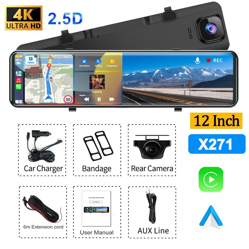 12-Inch 4K Mirror Dash Cam – Wireless CarPlay Android Auto for Car Navigation